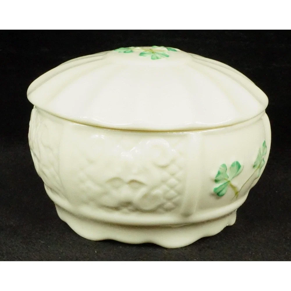 Irish Belleek Pottery Nadine Trinket Box with Lid 9th Blue Mark Signed Vtg 1990s
